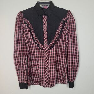 VTG Cameo Rose Pink Black Ruffle Top Womens 13/14 Rockabilly Rodeo Snap Shirt